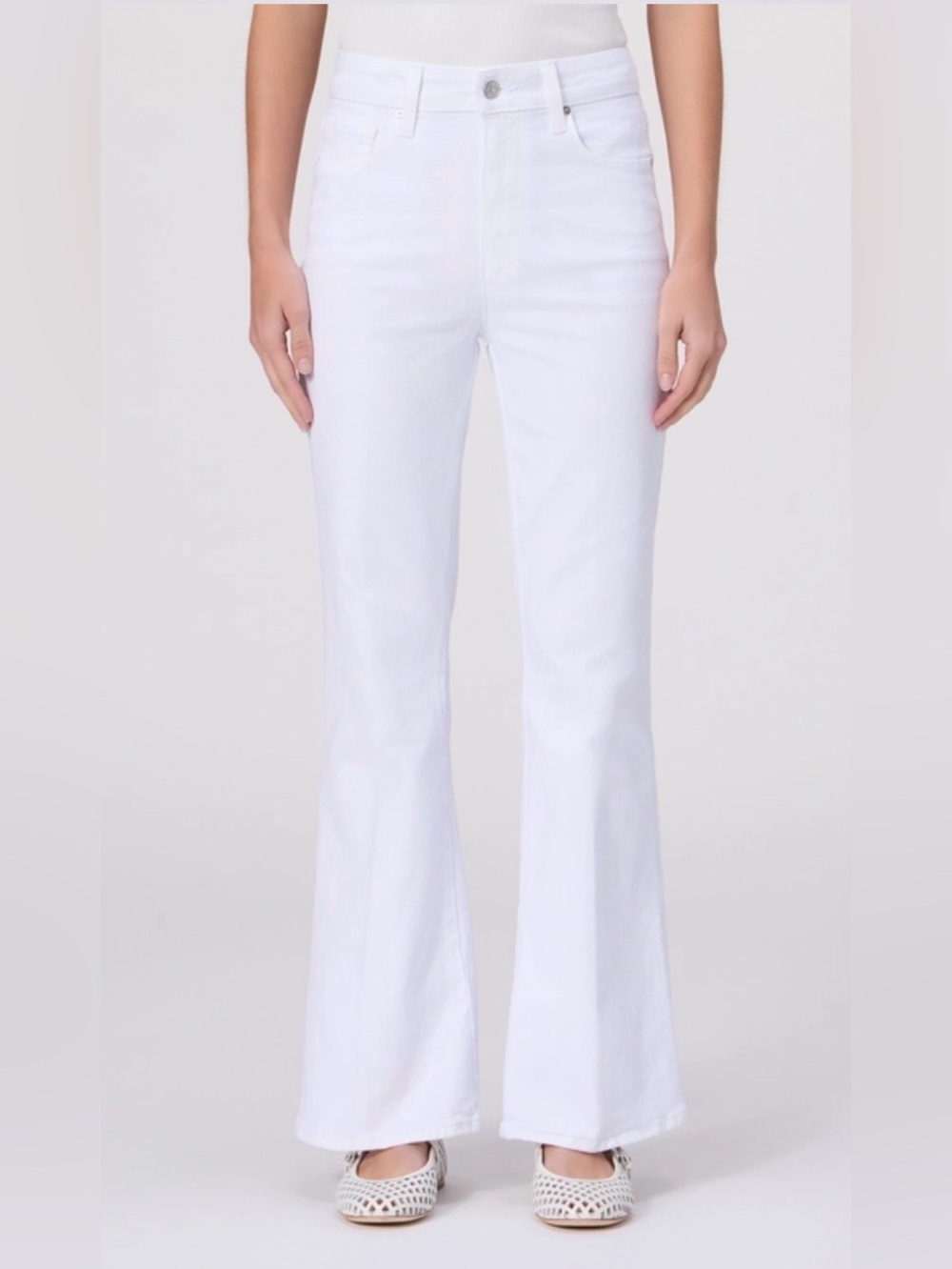 PAIGE Marlow Skimmer White Flare Jeans by Neiman Marcus - Clean Back Pocket Deta